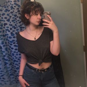 Gray, open-back shirt